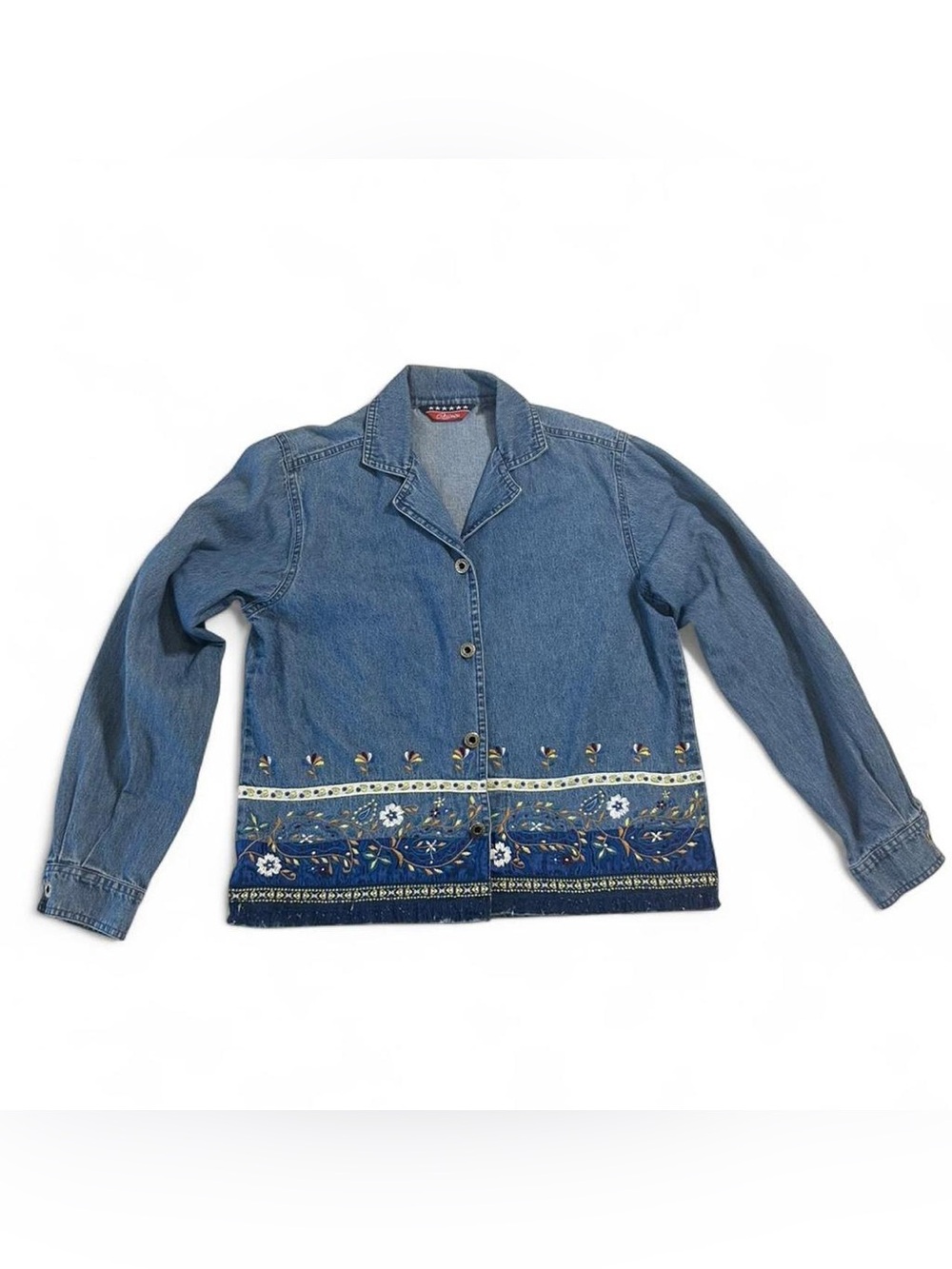 Y2K Boho Embroidered Denim Jacket Fringe Western Festival M